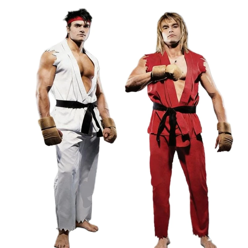 Street Fighter Cosplay Costume with Strap Gloves Anime Game Role Play Outfit for Party Halloween