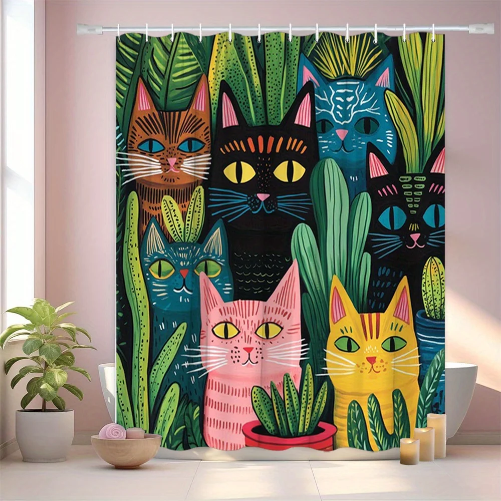 

Modern Abstract Shower Curtain Boho Cat and Cactus Pattern Creative Bathroom Decor Set with Hooks