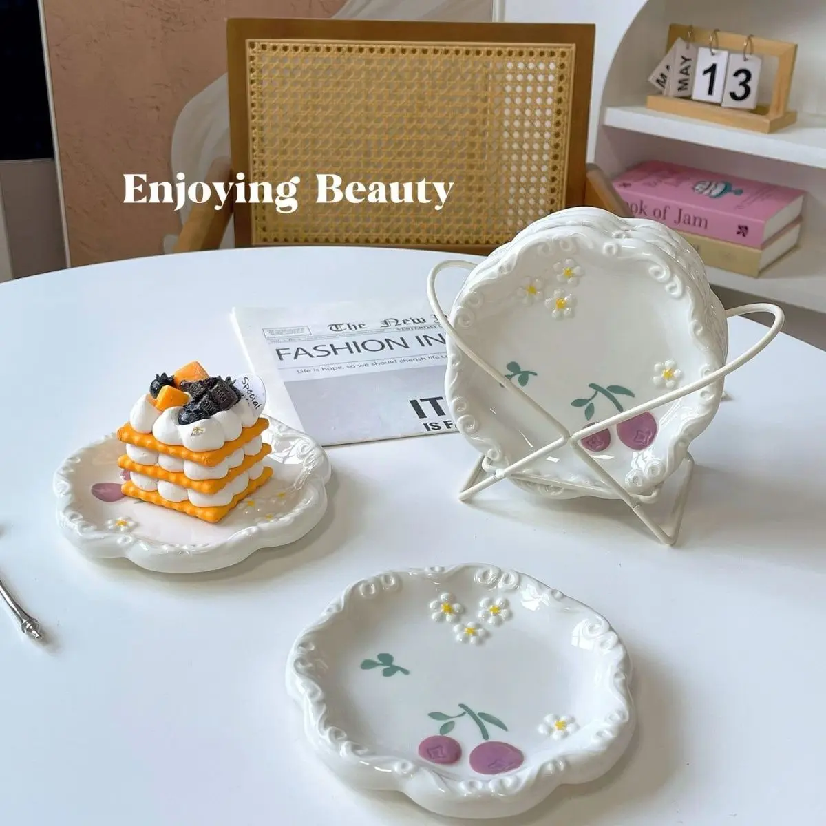 Six-inch embossed ceramic tableware featuring a creamy style is dimensional and adorable perfect for serving dessert and fruit
