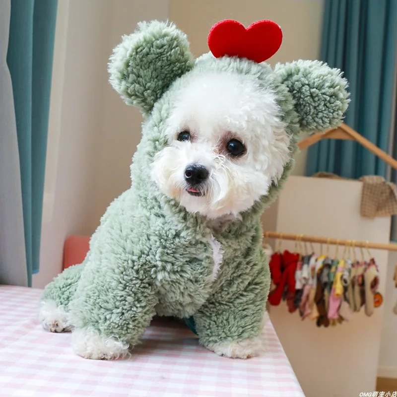 1PC Pet Clothes Winter Plush Thick Green Love Little Fat Four legged Cotton Clothes Suitable for Small and Medium sized Dogs