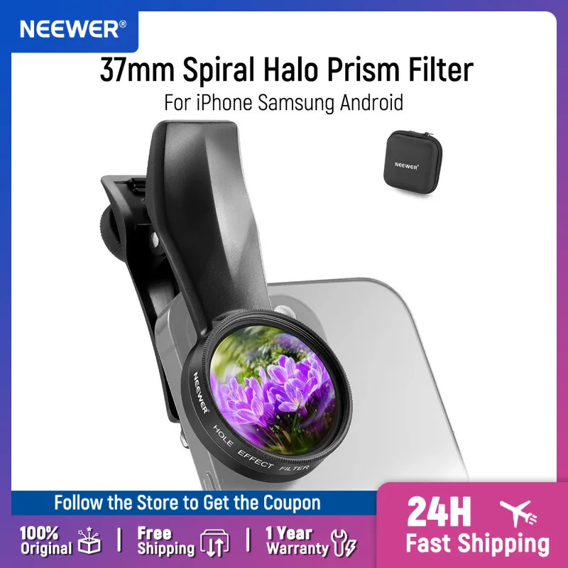

NEEWER 37mm Spiral Halo Prism Filter with Phone Clip for 17mm Threaded Backplate Cage Case for iPhone Samsung Android