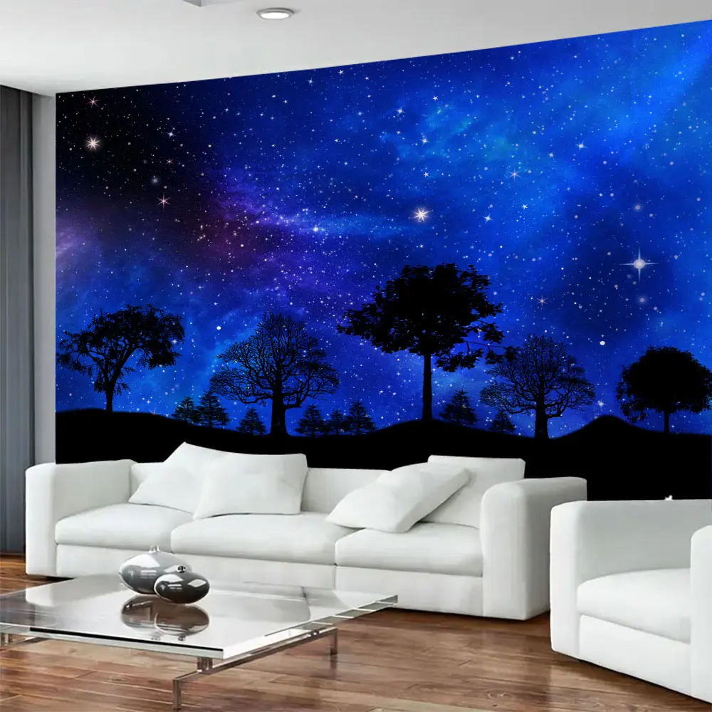Starry Sky Universe Tapestry Multi Size Washable Moon Tree Night Sky Printing Tapestry Bedroom Background Wall Decoration