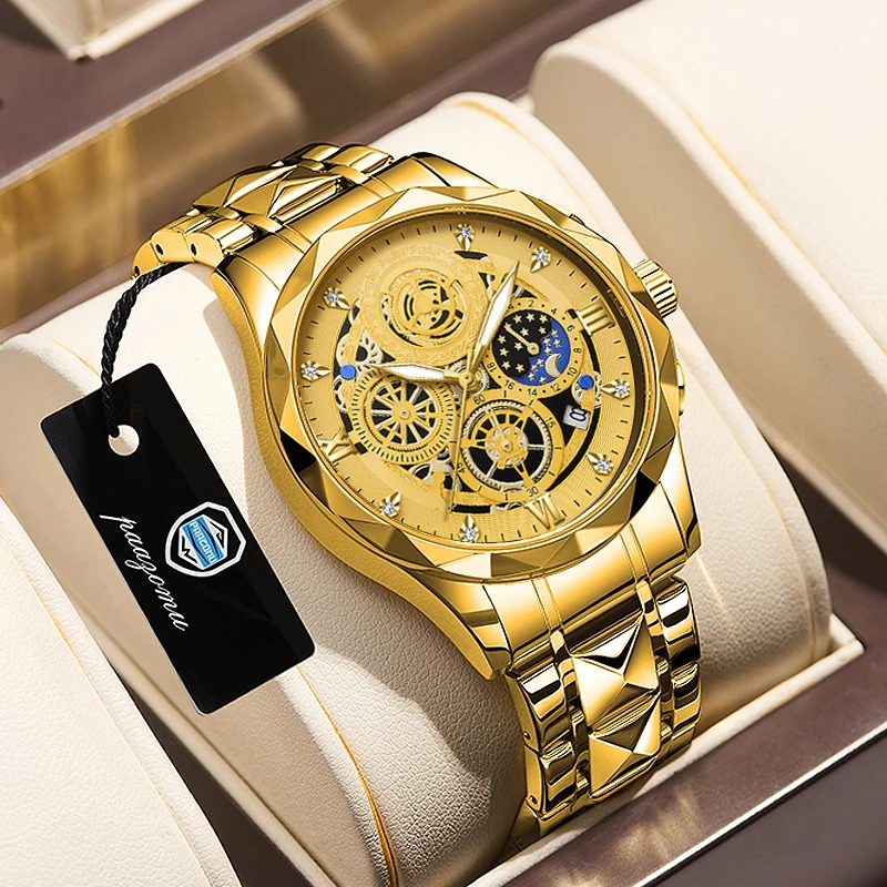 2025 ساعات رجالية فاخرة الماس الذهب تاريخ كرونوغراف الفولاذ المقاوم للصدأ ساعة كوارتز مقاوم للماء مضيئة موضة رجل ساعة اليد