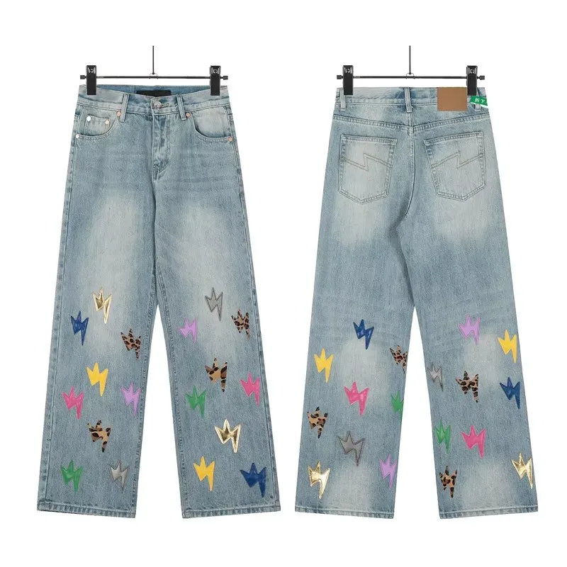 

Hip Hop Trend Streetwear Light Blue Loose Comfortable Jeans Patchwork Lightning Logo Casual Straight-leg Pants