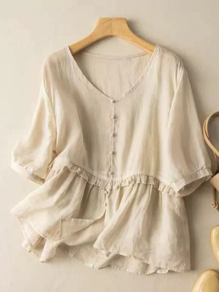 

Однотонная льняная блузка с V-образным вырезом для женщин, летняя, омолаживающая, утягивающая, с пышными рукавами, скрывающая живот, из хлопка и льна