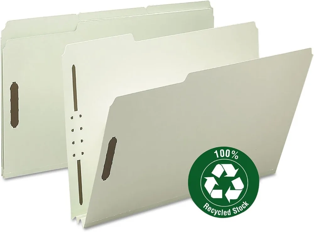 Recycled Fastener File Folder, 2 Fasteners, Legal Size, Expandable 2", Gray/Green, 25 per Box for Office Use