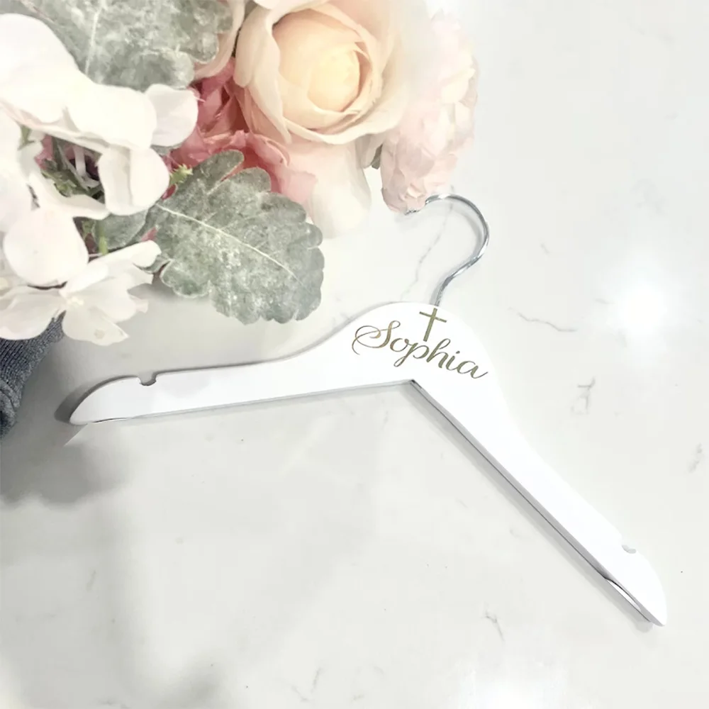 

Personalized Custom Child Size outfit white Hanger with Name & Cross baby Girl Boy Christening Baptism First Holy Communion Gift
