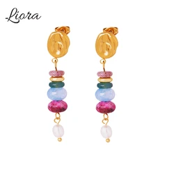 Liora Trendy Stainless Steel Dangle Earrings For Women Multi-Color Natural Stone Drop Earring Waterproof Women Jewelry