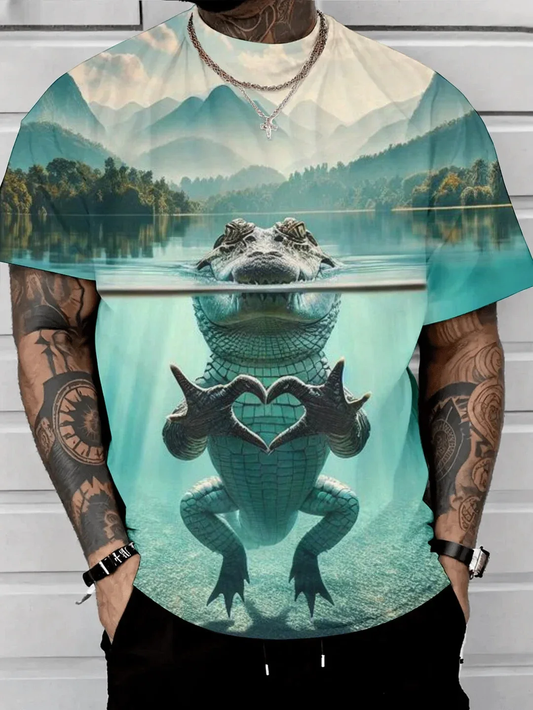 Men's Work Shirts Men's T-Shirts Tops Gifts Men Women's Daily Casual Shark Crocodile Animal Print Short Sleeve Crew Neck T-Shirt
