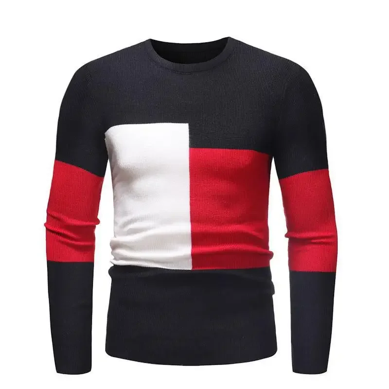 

2023 Autumn/Winter New Sweater Men's Tri Color Splice Knitwear Slim Fit Thin Fashion Trend Sweater
