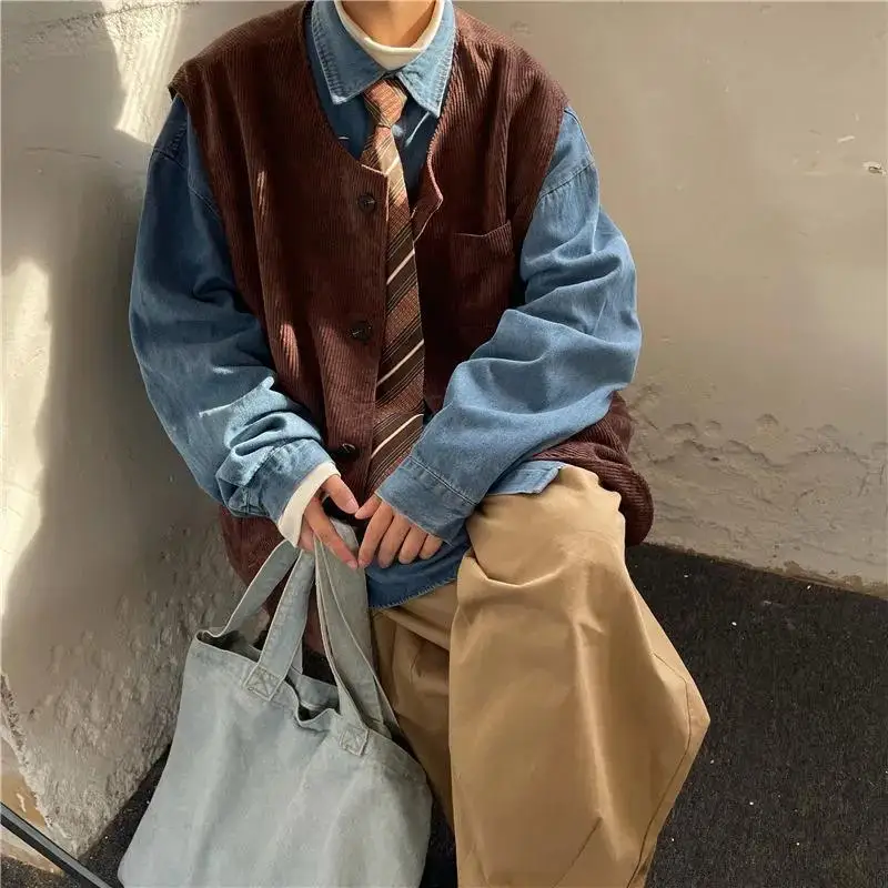 

Men's Retro Japanese Corduroy Vest Collarless Lightweight Jacket for Autumn Spring Versatile Mix Match Outerwear