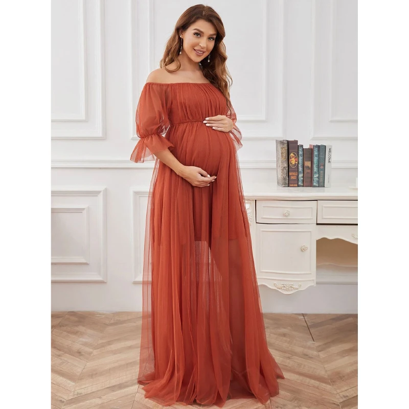 

2024 New Evening Dress for Pregnant Women Simple Solid A-Line Slash Neck Off Shoulder Floor-Length Tulle Formal Banquet Dresses