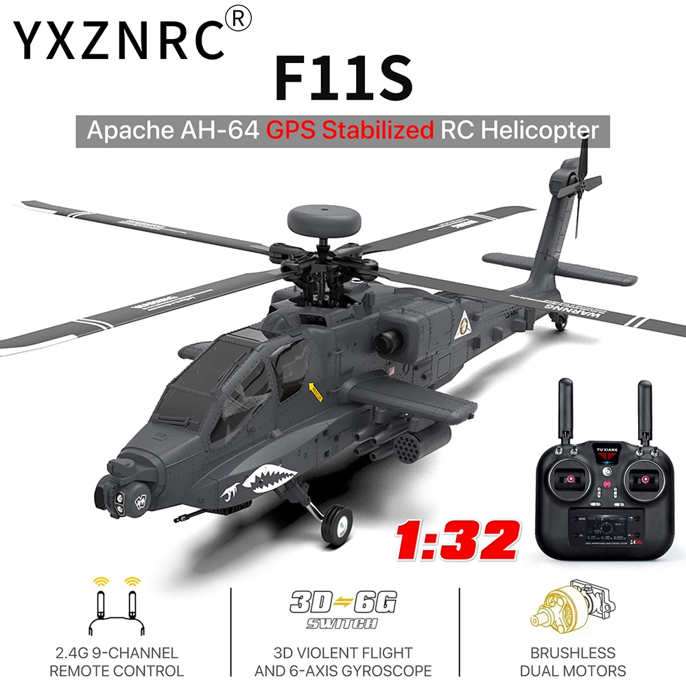 ​YXZNRC F11S RC Helicopter 1:32 AH-64D Apache 2.4G 6-Axis Gyro 9CH GPS Remote Control Helicopter Model