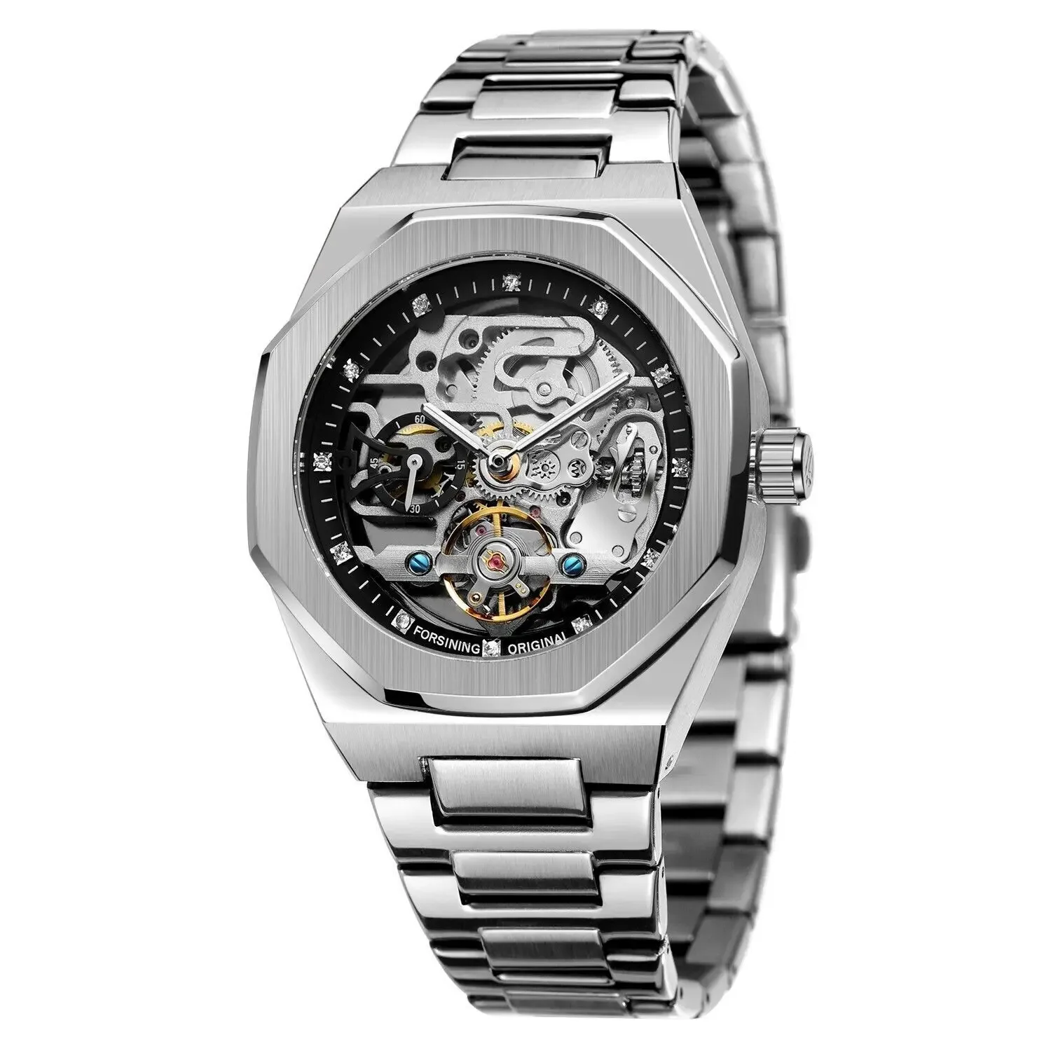 Business Watch Mens Mechanical Skeleton Crystal Black Dial Analog Self Winding Luxury Silver Stainless Steel Band Wristwatch