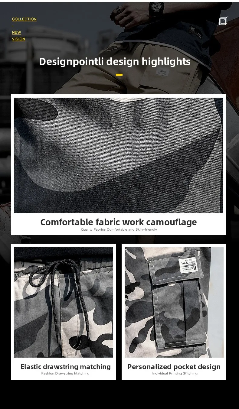 Men's Open-file Shorts Summer Camouflage Tooling Casual Beltless Teen Cotton Solid Color Micro-elastic Ordinary Mid-waist Spot