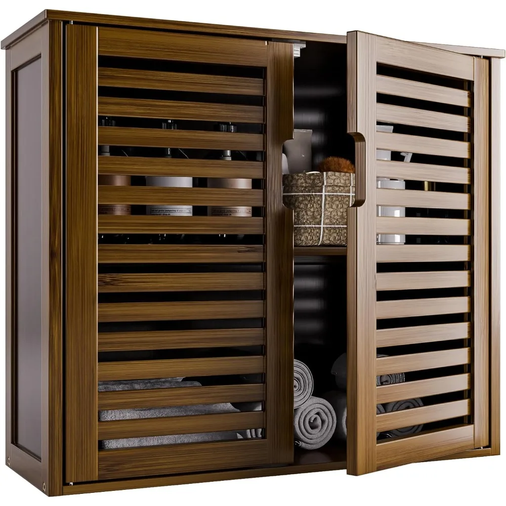 

Wall-Mounted Bamboo Medicine Cabinet for Bathroom Storage, Over Toilet Organizer with Doors