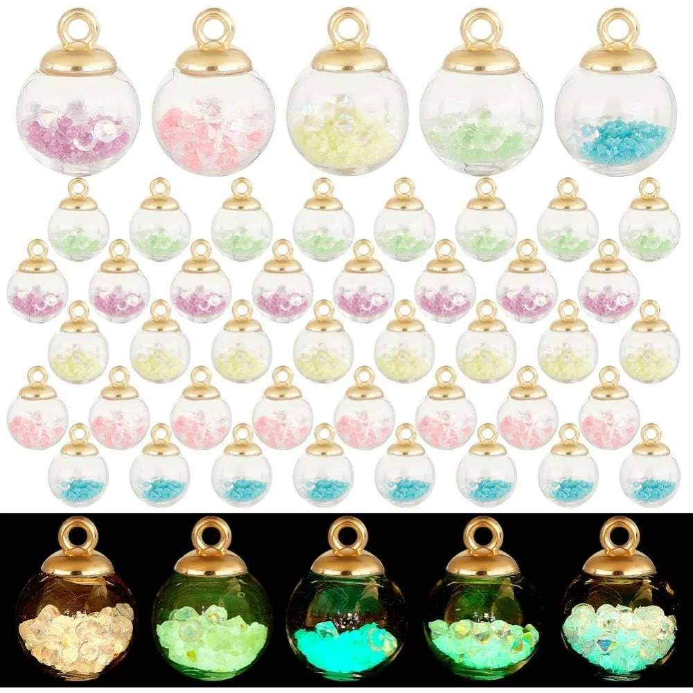 50pcs Glow in The Dark Charms 5 Colors Glass Ball Pendants 16mm Luminous Glass Globe Pendants Colorful Glass Charms