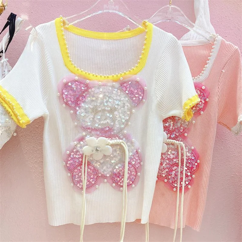 

2022 summer new women's shirt beaded sequins bear flowers short-sleeved pullover knitted top