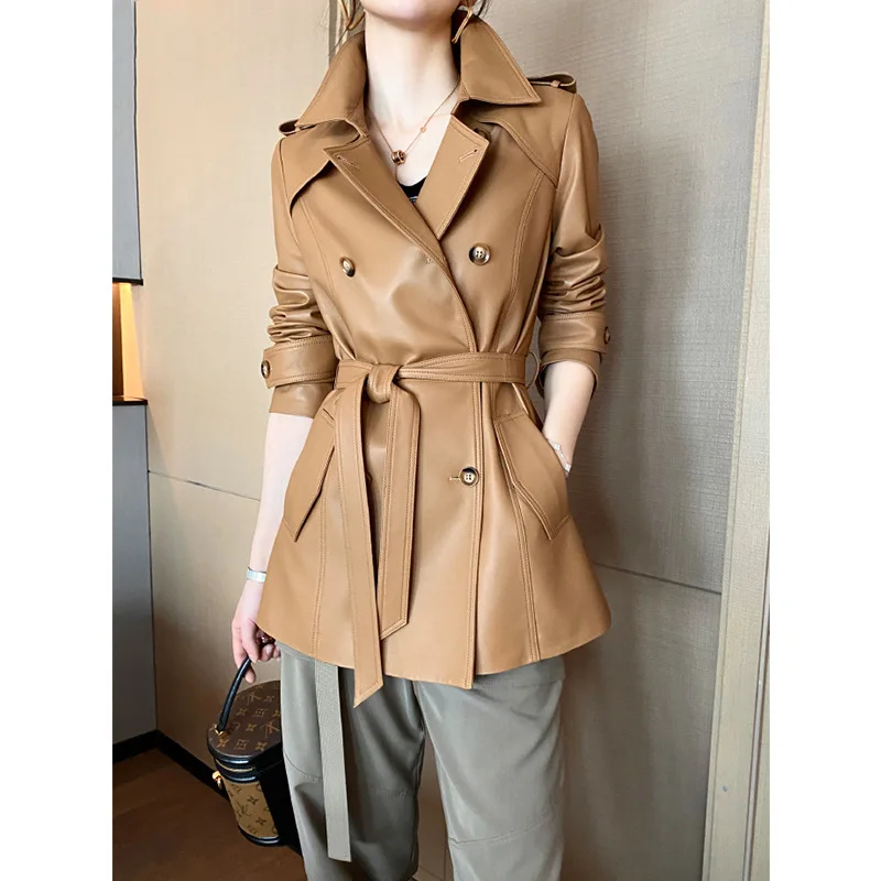 

2024 Haining Leather Women's Autumn Fashion Tunic Mid length Sheepskin Windbreaker Coat