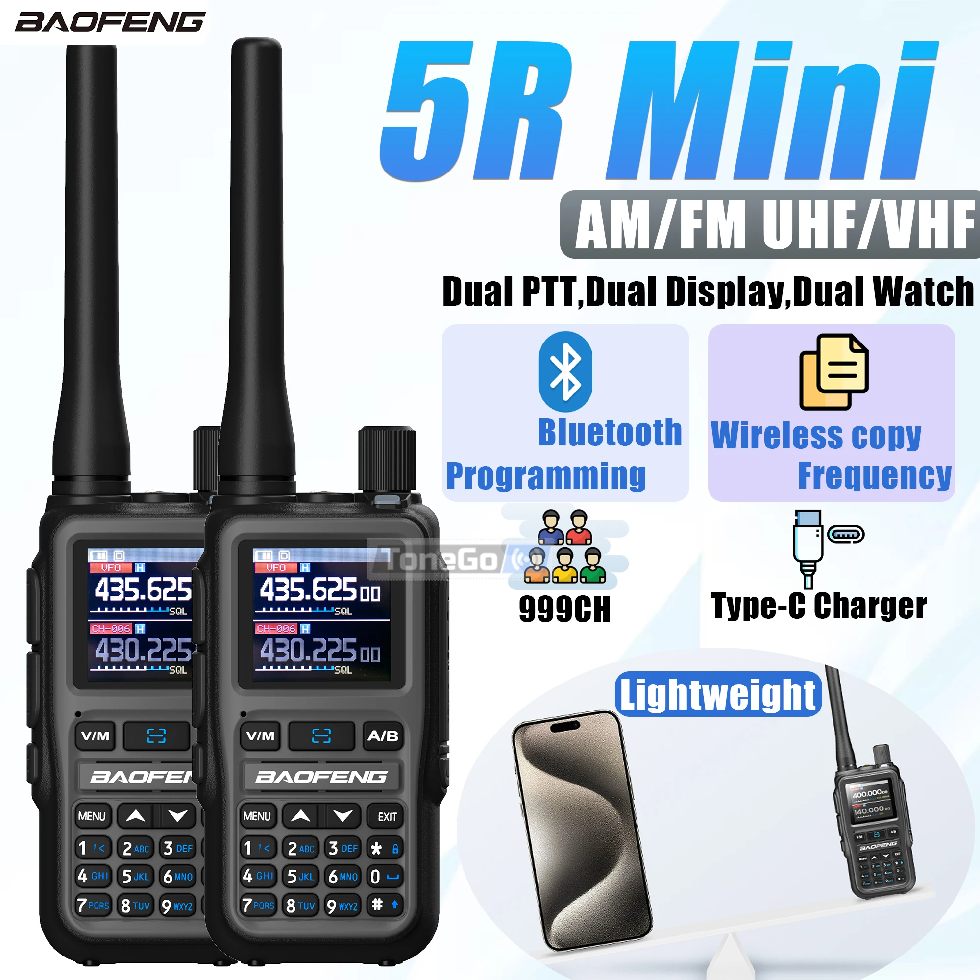 Baofeng 5R Mini Walkie Talkie UV-5R Mini Type-C Зарядное устройство AM FM Dual PTT Bluetooth Программирование Беспроводная частота копирования Радиолюбительские радиостанции