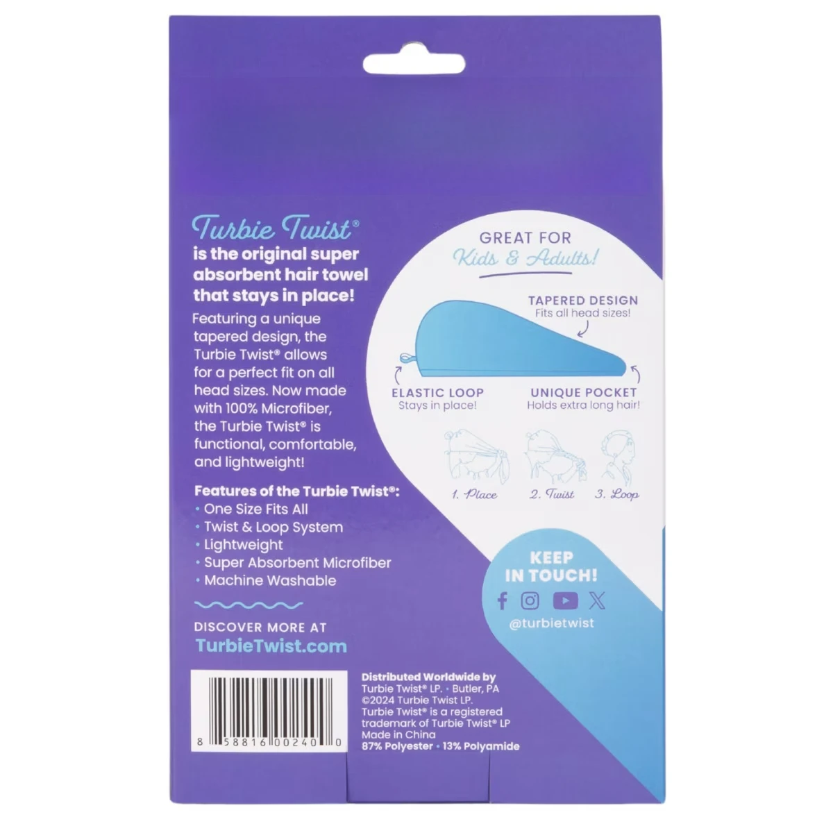 Microfiber Hair Towel, Kids and Adults, Peacock Blue view 4