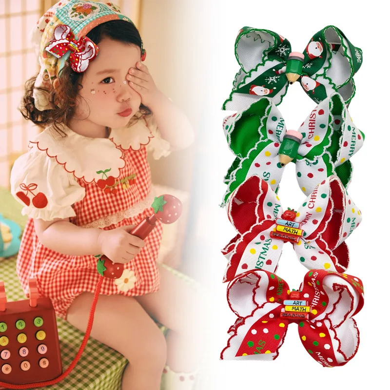 

20pc Baby Girls Hair Accessories Cute Frill Bow Hair Clips 4.7' Christmas Letter Tree Print Barrettes Hairpins for Kids Bulk
