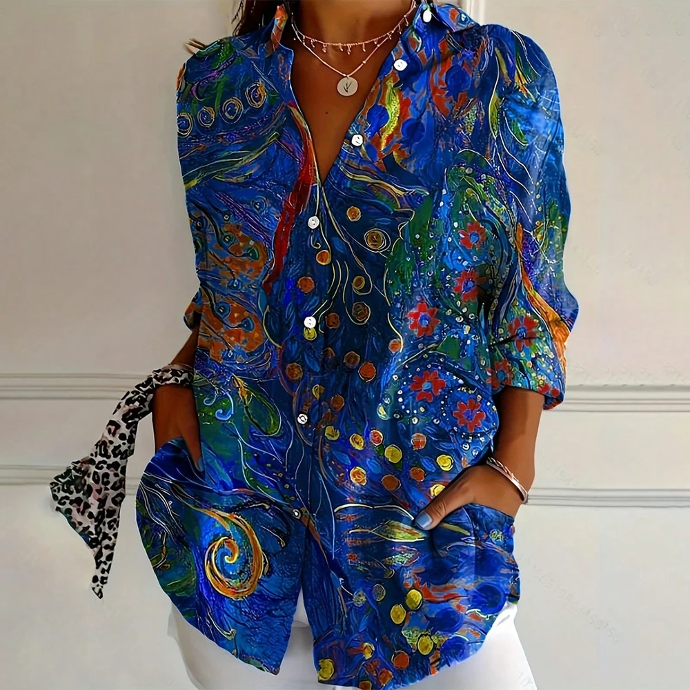 

Plus Size Women Elegant Long Sleeve Floral Printed Button Shirt Blouse Elegant Fashion Explosion Polyester