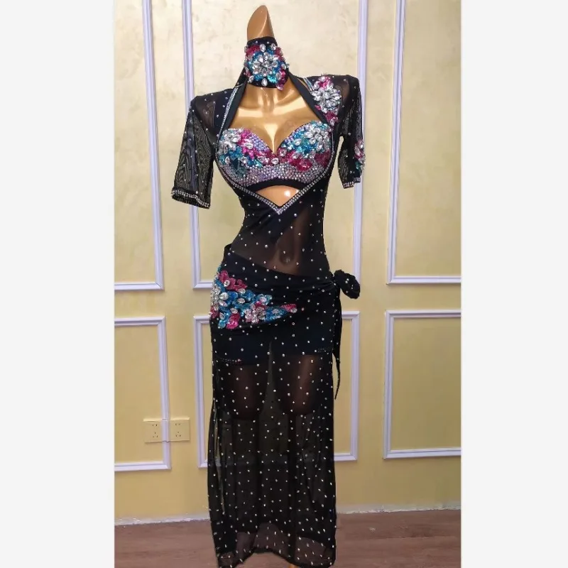 Personalizado novo traje de dança do ventre malha preta quente diamante desempenho vestido disfraces adultos dança exótica