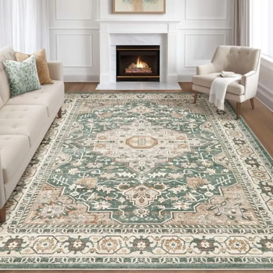 

9x12 Area Rug Living Room: Machine Washable Boho Large Vintage Soft Rugs Stain Resistant Farmhouse Oriental Non Slip Indoor Flo