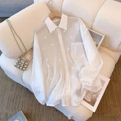 Spring Summer New Solid Color Shirt Women POLO Collar Long Sleeve Fashion Cardigan Elegant Button Patchwork Rhinestone Chic Top