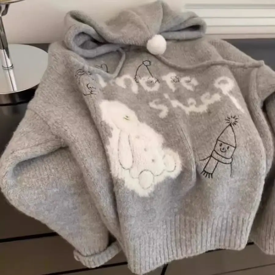 

Large Size 300 Pounds Cartoon Embroidered Grey Hoodie Knitted Sweater Men Women Autumn Winter Loose Comfortable Soft Knitwear