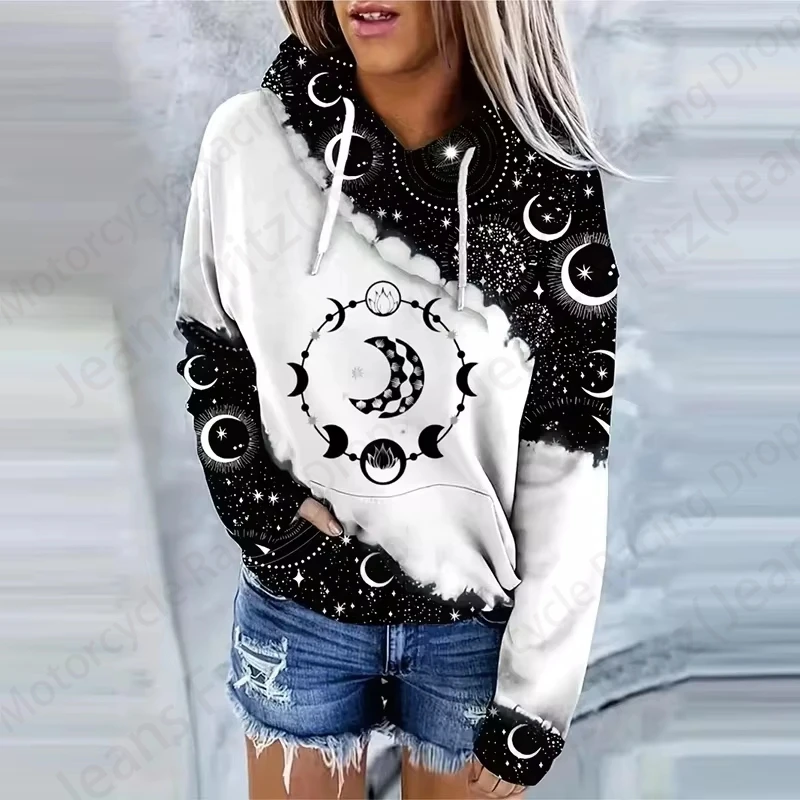 Moon Sun 3d Print Drawstring Women Hoodie  Fashion Oversized Hoodies Autumn New Long Sleeve Hooded Sweatshirt Women's Clothing