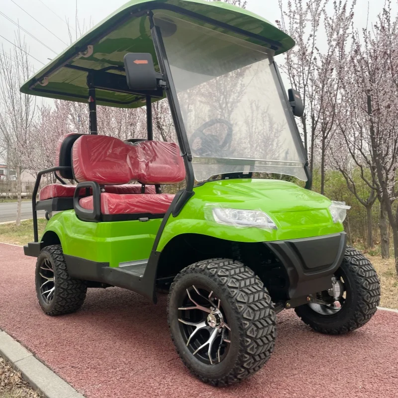 New Launched 72V 5KW AC System Lithium Battery Powered 4 Seats Electric Golf Cart 14-Inch Tires Red Upholstered Seat Sound Bar