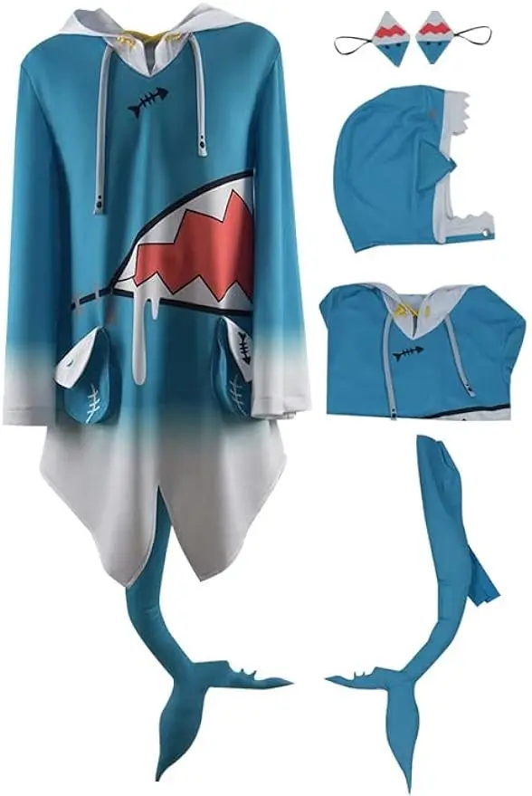 Gawr Gura Cosplay Costume Shark Hoodie Jacket Outfit with Fish Tail Halloween Suit Customize