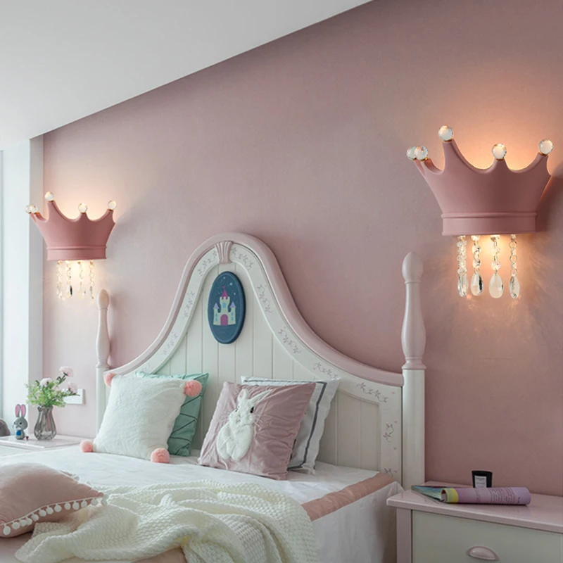 Girl Bedside Lamps Crystal Pendant Crown Wall Lamp Modern Luxury Children\'s Bedroom Princess Room Decor Night Lights Wall Light