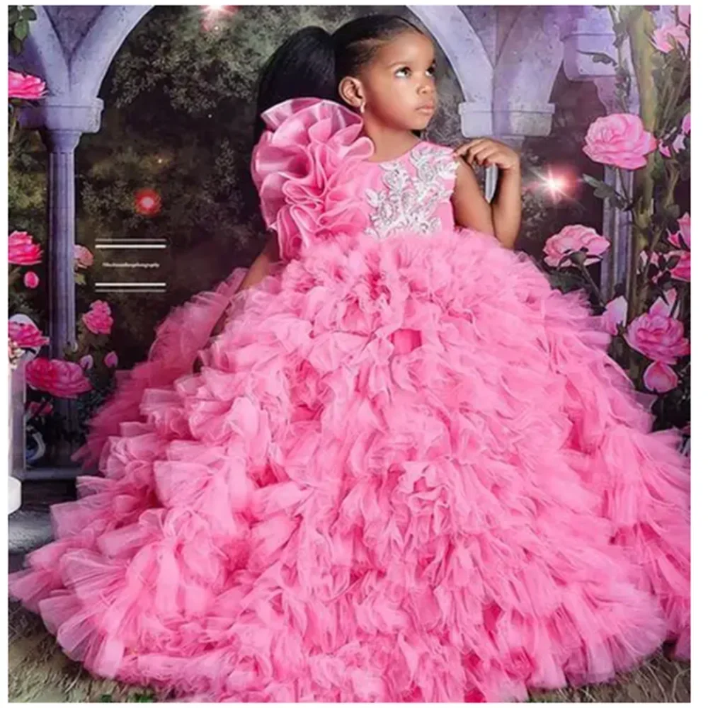 Customized Luxury Flower Girl Dresses for Wedding Ruffles Sequins Floor Length Tiered Girl Birthday Party First Communion Gowns
