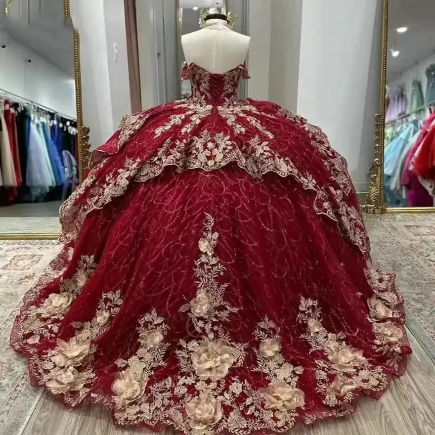 مثير الأحمر فيستدوس 15 Quinceanera مطرزة الكشكشة الدانتيل متابعة عارية الذراعين الكرة ثوب تول الحلو فيستدو دي Princesas مخصص #2