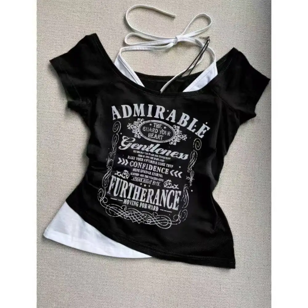 Summer Fake Two Pieces Halter Bandage Vintage T-shirts Y2k Aesthetic Slim Crop Tops Women Grunge Print Harajuku Casual Sexy Tee