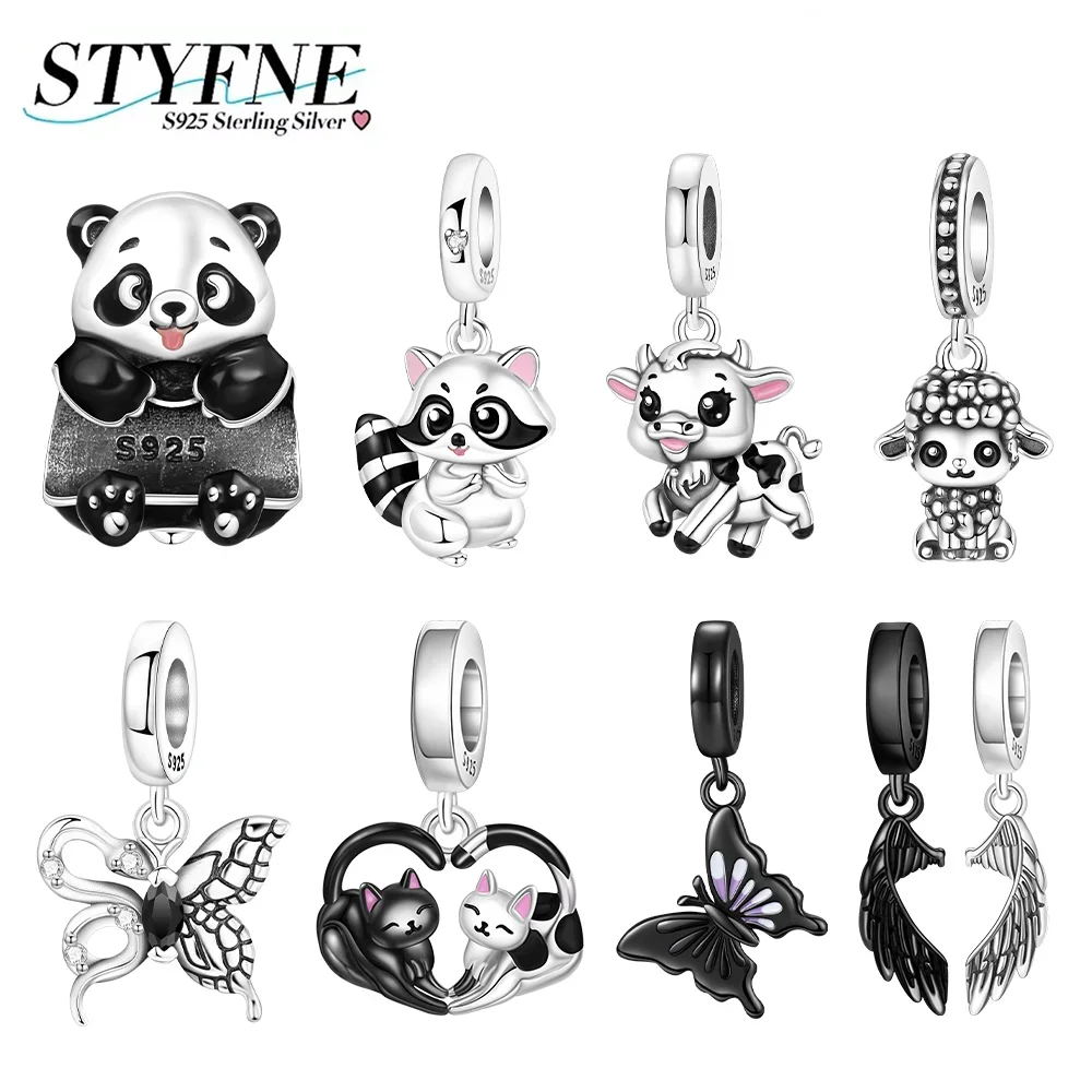 

925 Silver Black Charms Gradient Butterfly Panda Wings Cat Lamb Beads Pendant for Women Diy Jewelry Fine Gifts Original Bracelet