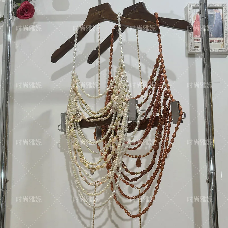 New Hanging Neck Handmade Beaded Pearl Bra Bikini Sexy Necklace Halter Top Bra Jewelry Baroque Style Body Chain