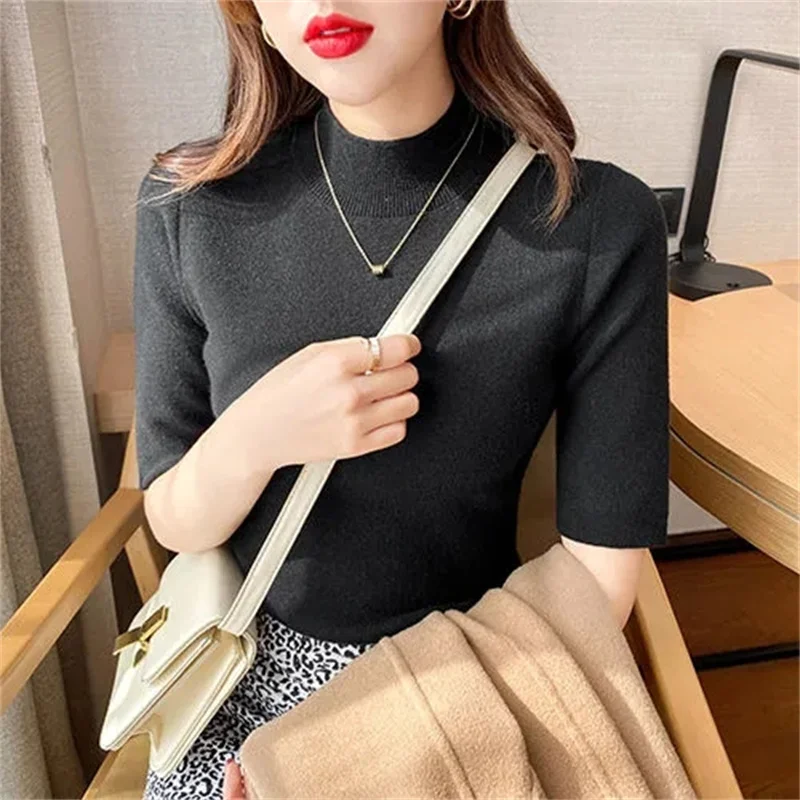 2024 Spring Summer Womens Sweater Short Sleeve Turtleneck Slim Fit Knitted Pullovers Bottoming Casual Knitwear Camel Clothes