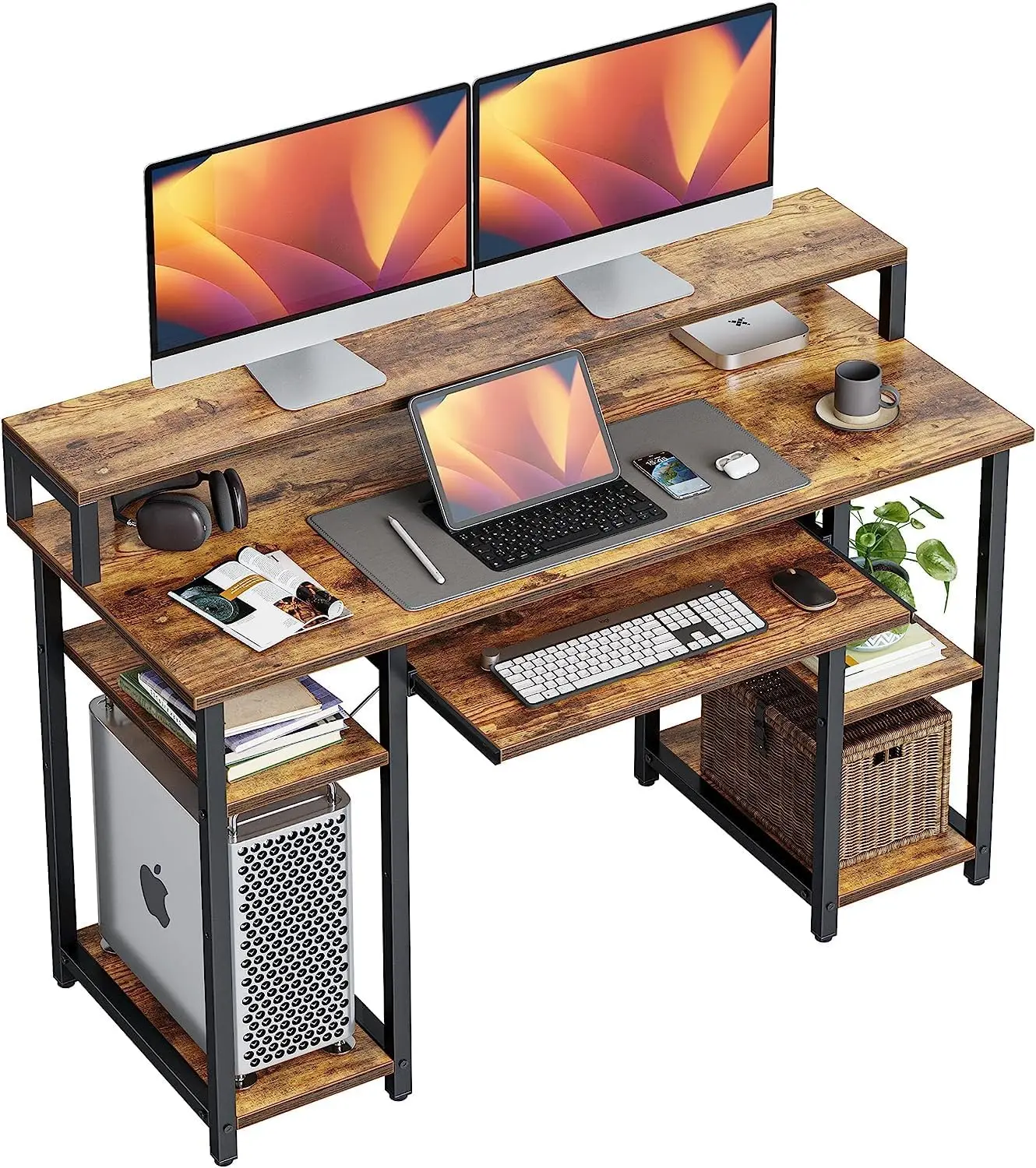 

47 Inch Computer Desk with Keyboard Tray, Monitor Stand, and Storage Shelves for Home Office Workstation in Rustic Brown