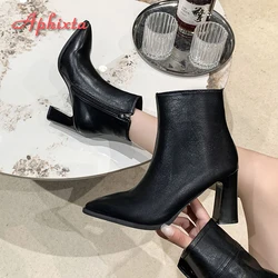 Aphixta Black Winter Zipper Warm Plush Ankle Boots Women 8.5cm Square Heel Zip Lady Footwear Shoes Super Big Size 44 45 46