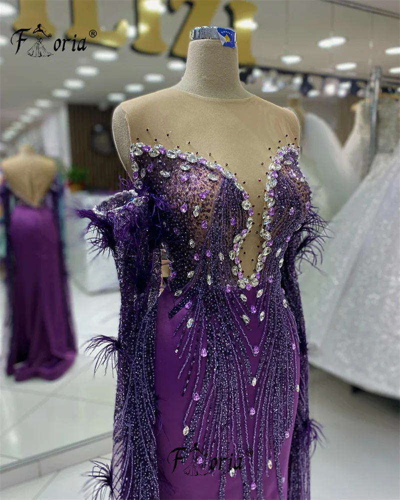 Vestido de noite roxo frisado sereia para mulheres, xale longo, vestidos de festa muçulmanos, Oriente Médio, luxo, ocasião formal