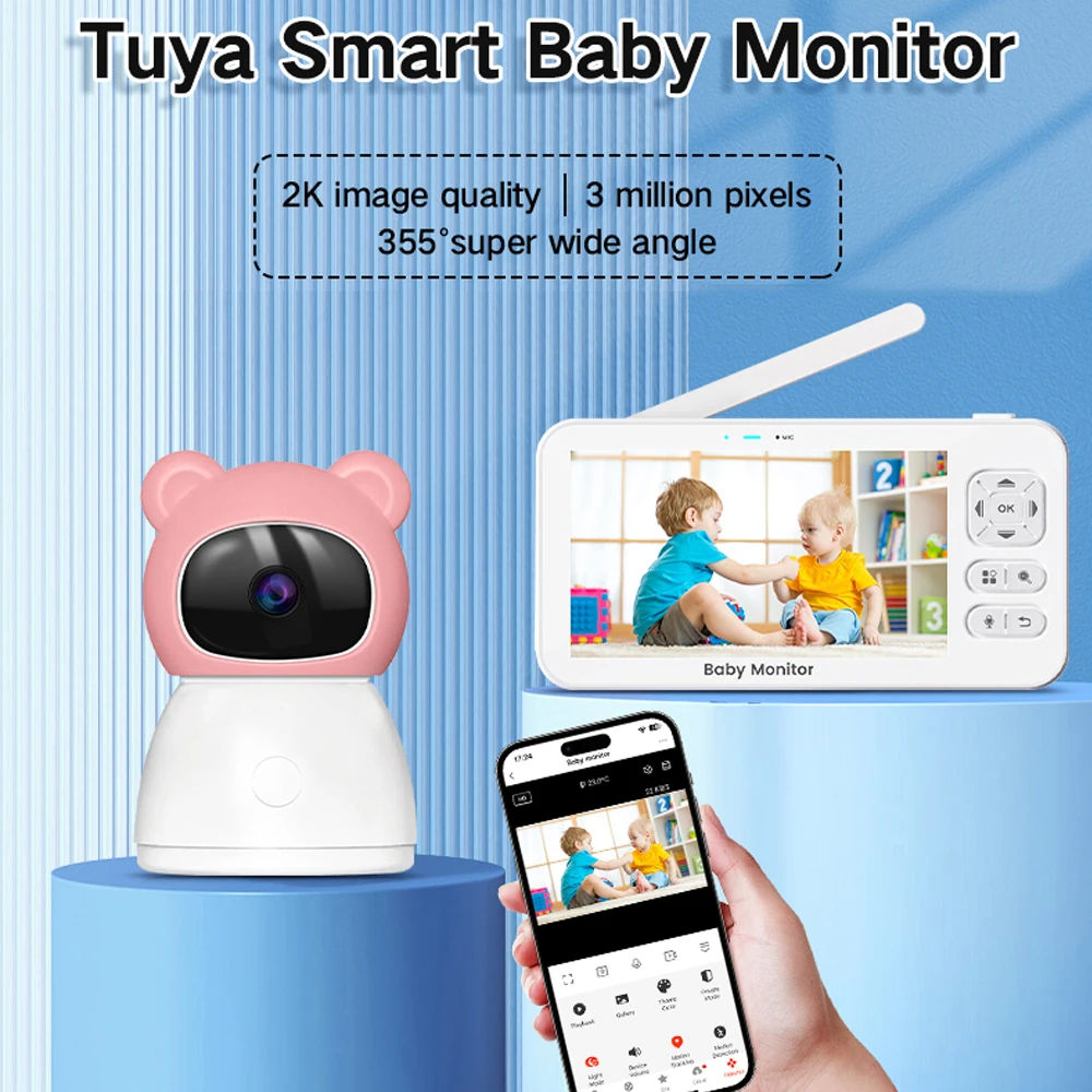 Tuya Smart Baby Monitor 2K 3MP 4x Zoom Mother Kids Camera 5-inch Portable Display Auto Tracking Night Vision Baby Newborn Items