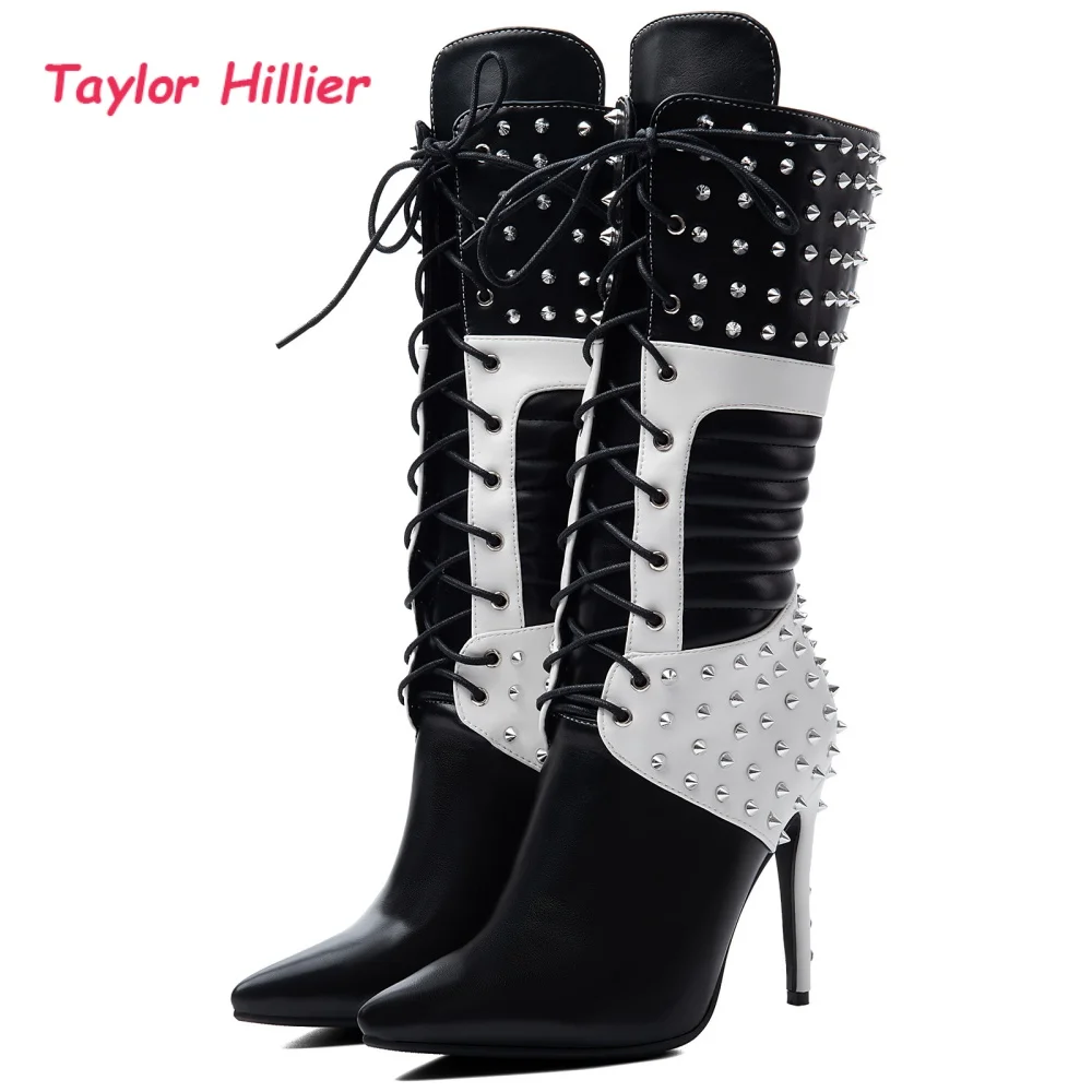 Black White Contrast Faux Leather Knee Boots Women Lace Up Side Zipper Pleated Panel Gothic Punk Stage Chic Stiletto Heel Boots