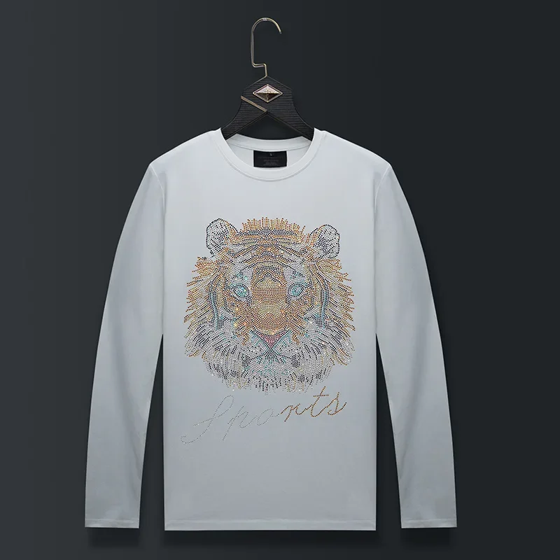 Plus Size Rhinestones Tiger T Shirts Men Fashion Streetwear O Neck Long Sleeve Tops Slim Modal Cotton Tshirts Mens Clothing