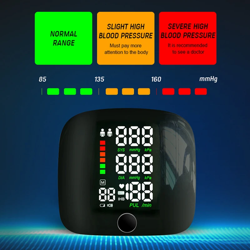 Digital Wrist Blood Pressure Monitor, Rechargeable LED Medical Tonometer, BP Monitor, English, Russian, Portuguese, Spain Voice