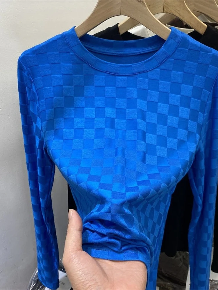 T-shirt slim à carreaux à manches longues pour femmes, haut court pour filles, vêtements pour femmes, Y2K, printemps, automne, été