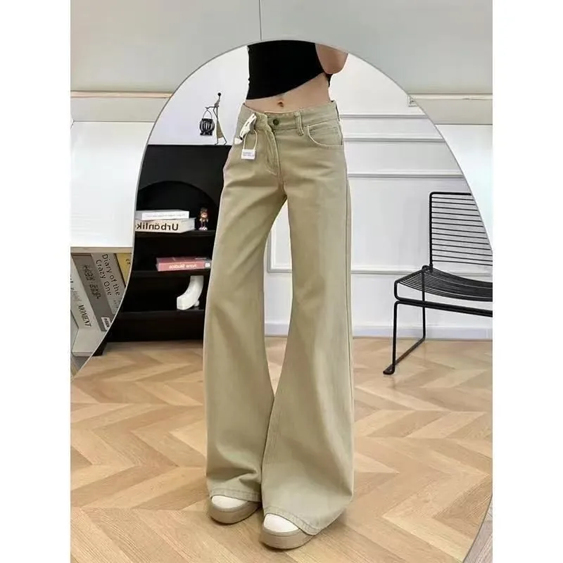 

Khaki Loose Fitted Low Waist Fce Lined Women's Jeans Casual Drapey Bell Bot Straight Leg Trousers Autumn Winter